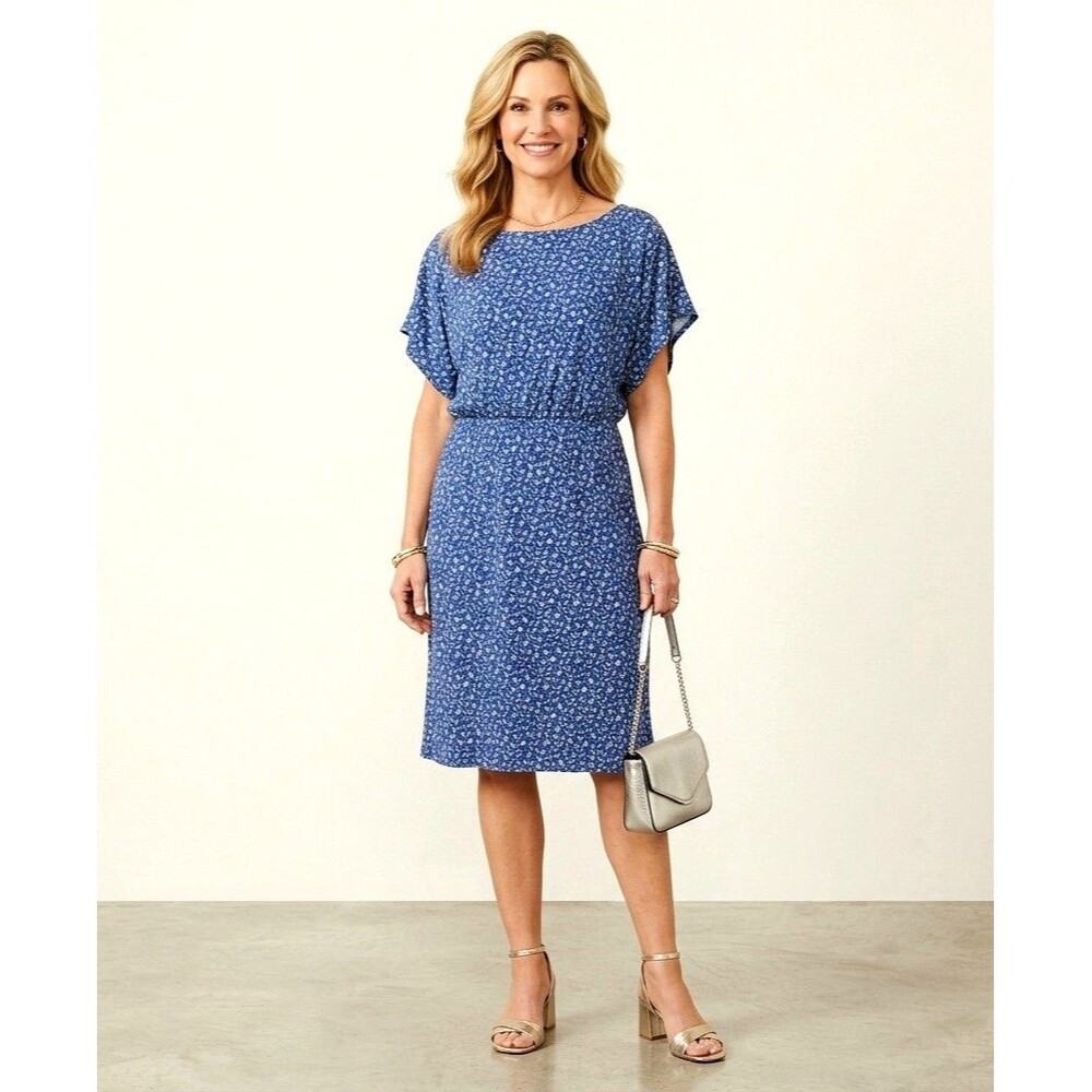 Ann Taylor Blue Floral Dolman Sleeve Sheath Dress Sz 8 Lined Rayon Blend Career